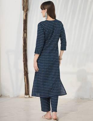 Blue printed cotton kurta trouser set 2
