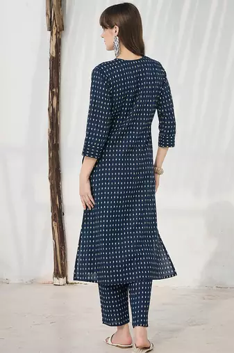 Blue printed cotton kurta trouser set