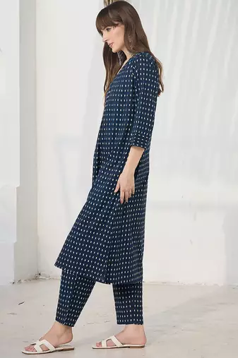 Blue printed cotton kurta trouser set