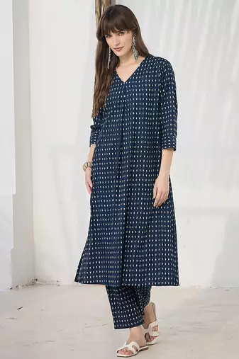Blue printed cotton kurta trouser set