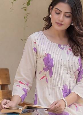 Off white printed cotton kurta trouser set 1