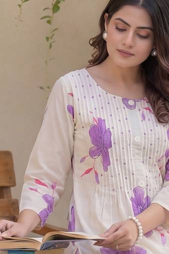 Off white printed cotton kurta trouser set
