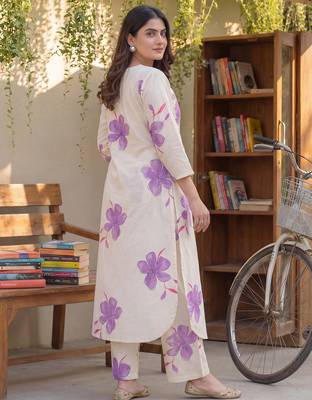 Off white printed cotton kurta trouser set 2
