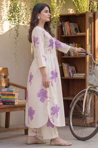Off white printed cotton kurta trouser set