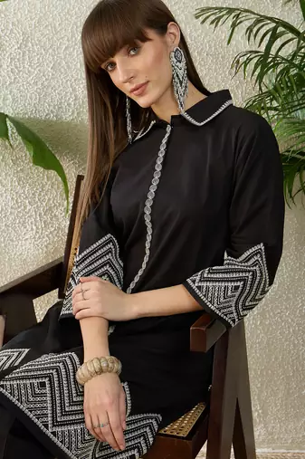 Black embroidered cotton kurta trouser set