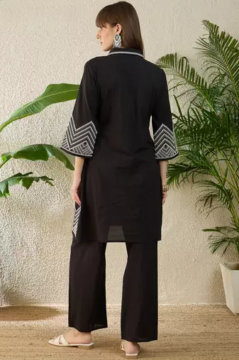 Black embroidered cotton kurta trouser set