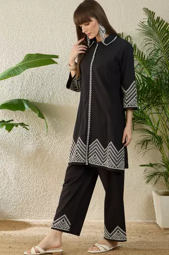 Black embroidered cotton kurta trouser set