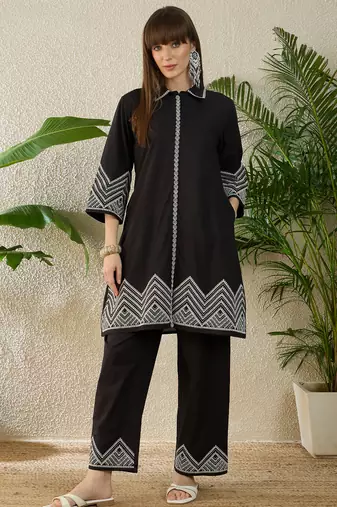 Black embroidered cotton kurta trouser set