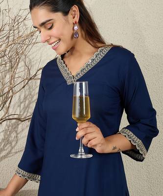 Navy blue embroidered viscose rayon kurta trouser set 2
