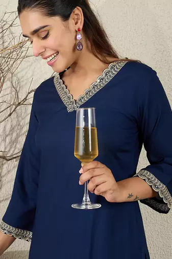 Navy blue embroidered viscose rayon kurta trouser set