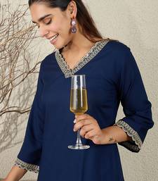Navy blue embroidered viscose rayon kurta trouser set
