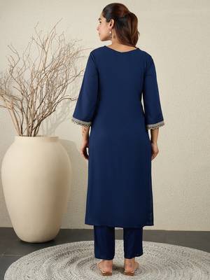 Navy blue embroidered viscose rayon kurta trouser set 3