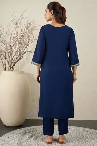 Navy blue embroidered viscose rayon kurta trouser set