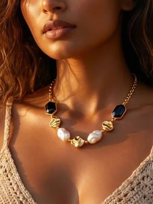 Fashion gold plated anti tarnish faux pearl & black stone necklace for women  1