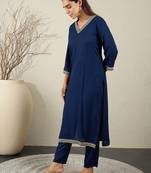 Navy blue embroidered viscose rayon kurta trouser set