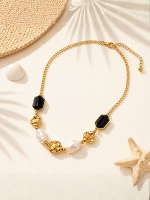 Fashion gold plated anti tarnish faux pearl & black stone necklace for women  2