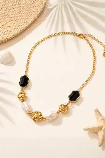 Fashion gold plated anti tarnish faux pearl & black stone necklace for women 