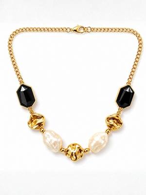 Fashion gold plated anti tarnish faux pearl & black stone necklace for women  3