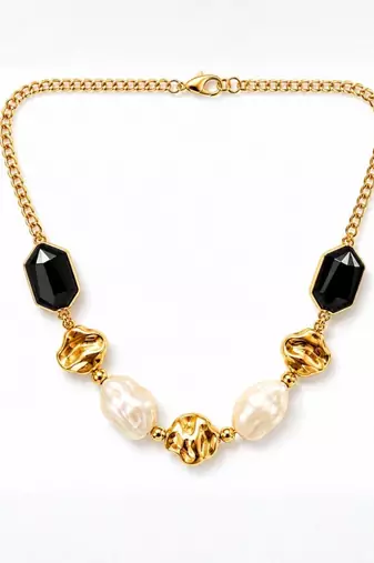 Fashion gold plated anti tarnish faux pearl & black stone necklace for women 