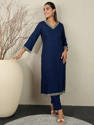 Navy blue embroidered viscose rayon kurta trouser set 4