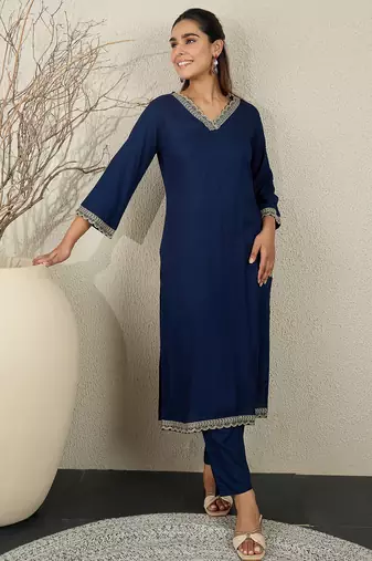 Navy blue embroidered viscose rayon kurta trouser set