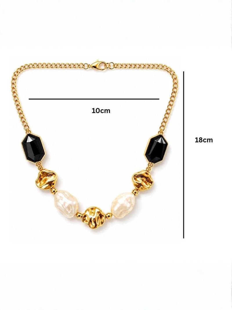 Fashion gold plated anti tarnish faux pearl & black stone necklace for women 