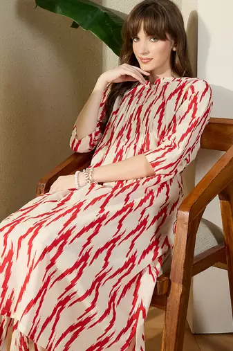 Cream printed cotton kurta trouser set