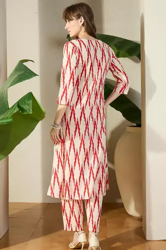 Cream printed cotton kurta trouser set