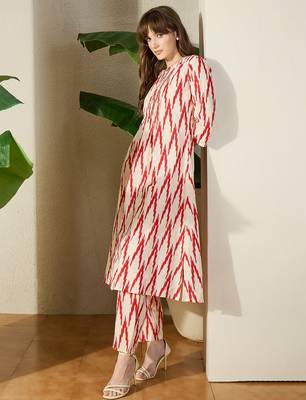 Cream printed cotton kurta trouser set 4