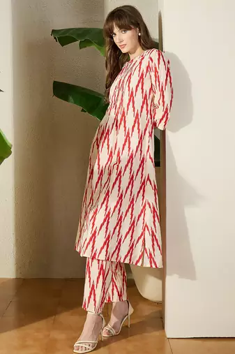 Cream printed cotton kurta trouser set
