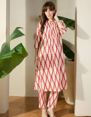 Cream printed cotton kurta trouser set 1