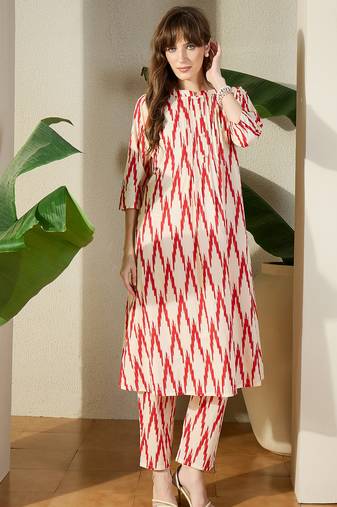 Cream printed cotton kurta trouser set