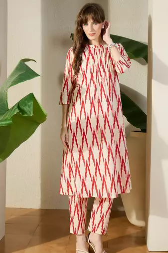 Cream printed cotton kurta trouser set