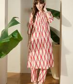 Cream printed cotton kurta trouser set