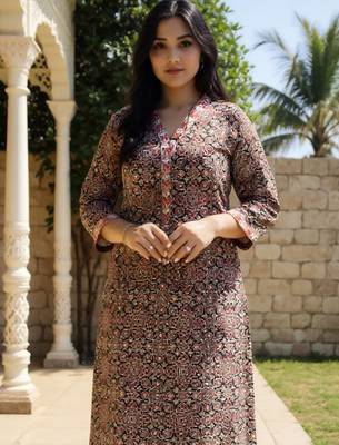 Orange printed cotton kurta trouser set 2