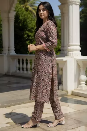 Orange printed cotton kurta trouser set