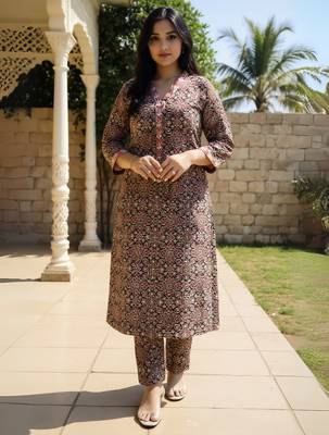Orange printed cotton kurta trouser set 1