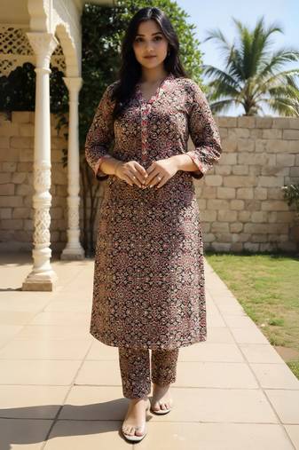 Orange printed cotton kurta trouser set