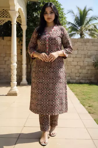 Orange printed cotton kurta trouser set