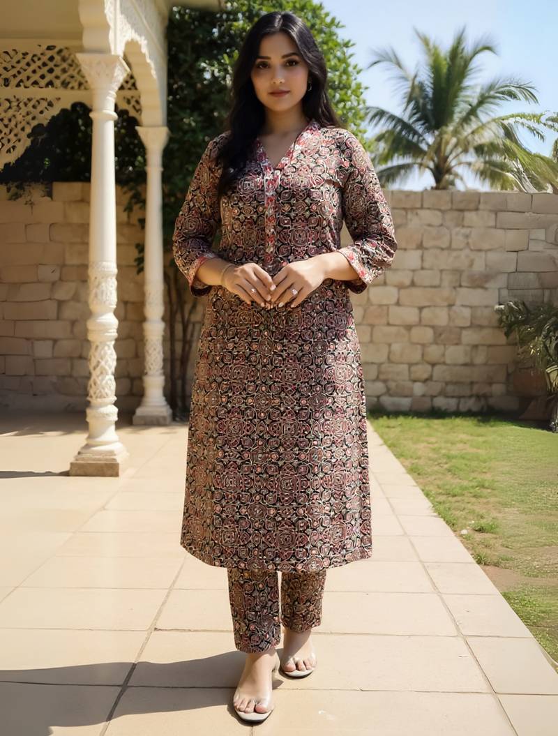 Orange printed cotton kurta trouser set