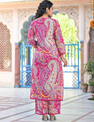 Pink printed cotton kurta trouser set 2