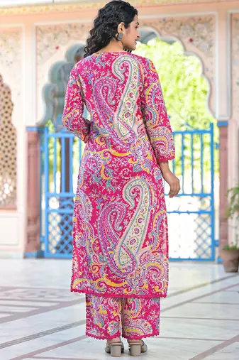 Pink printed cotton kurta trouser set
