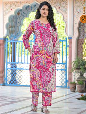 Pink printed cotton kurta trouser set 4