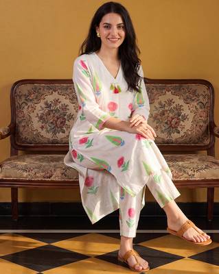 White printed cotton kurta trouser set 1