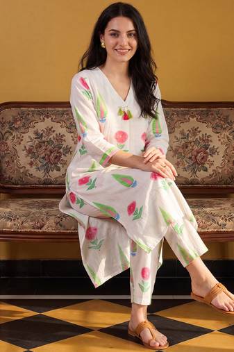 White printed cotton kurta trouser set