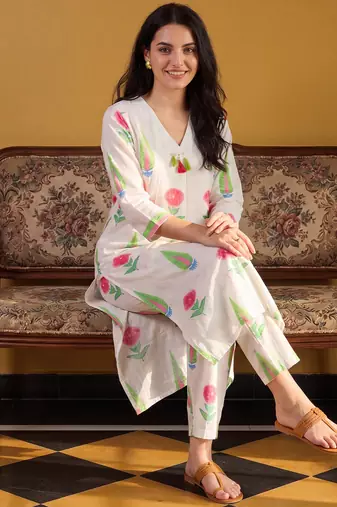 White printed cotton kurta trouser set