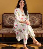 White printed cotton kurta trouser set