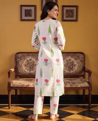 White printed cotton kurta trouser set 2