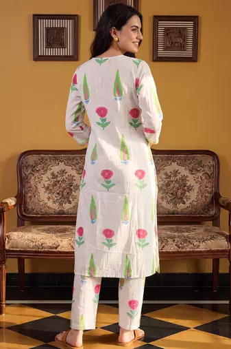 White printed cotton kurta trouser set