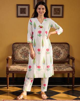 White printed cotton kurta trouser set 3